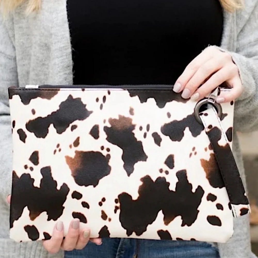 Vegan Cow Print Faux Leather Oversized Clutch Western Yellowstone Vibes - Picture 2 of 5